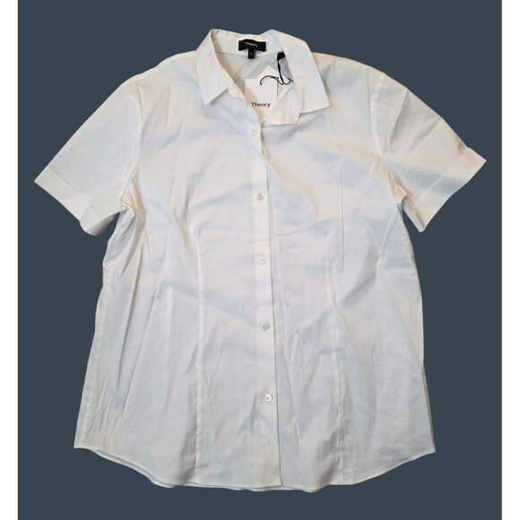 THEORY NWT Uniform Top White Shortsleeve Cuff Solid Button Shirt Extra Large XL - Picture 1 of 4